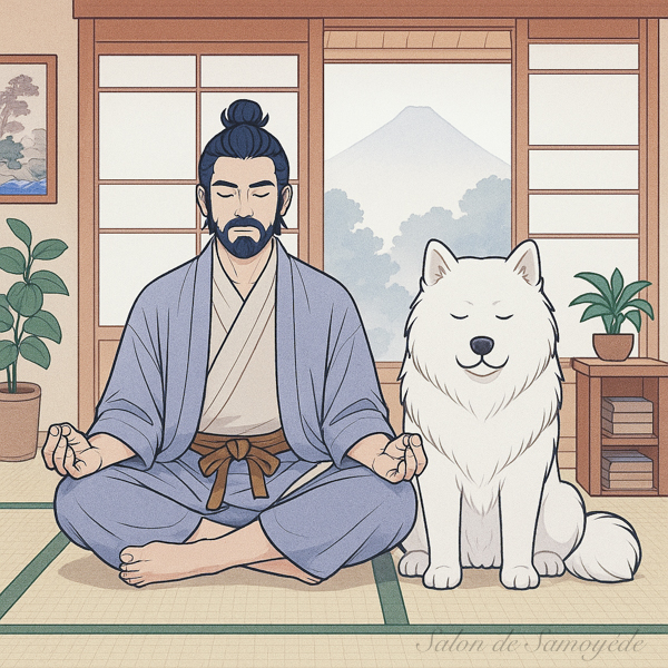 坐禅をくむサモエド
